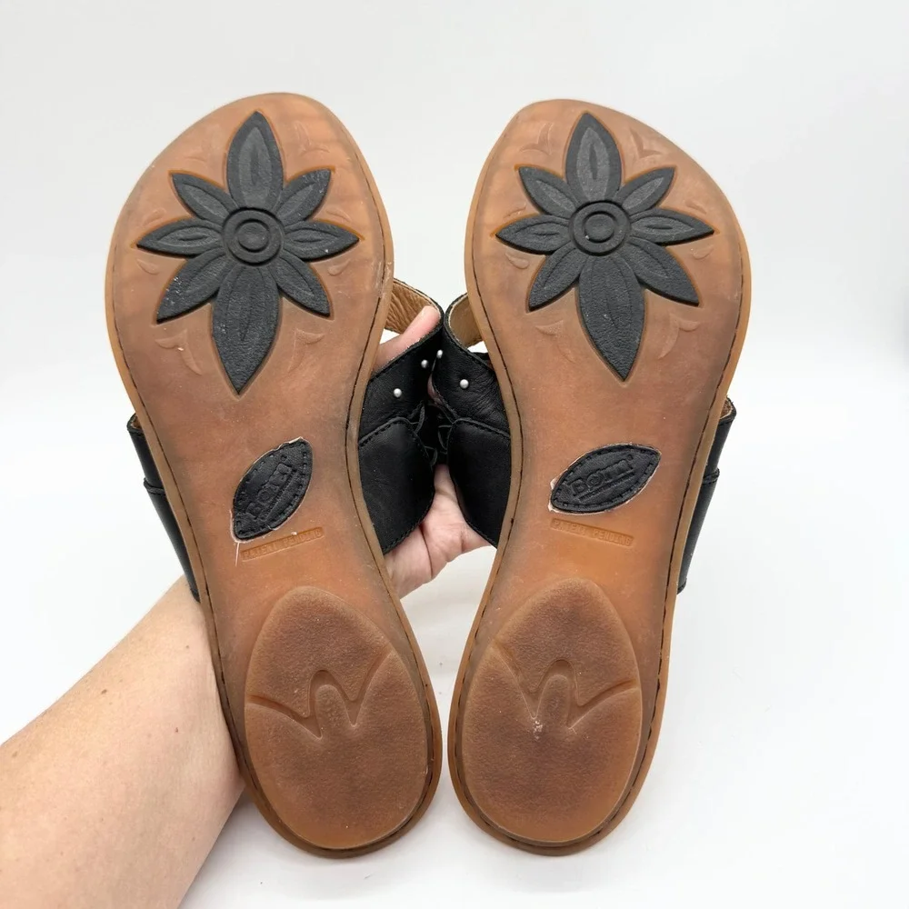Born Braided Strap Thong Sandals Slip On Flats Black Leather Size 11 Boho Casual